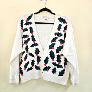Vintage Milano Design Group Ivory Green Cardigan Sweater Festive Knit Design  L